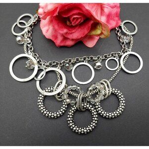 LOFT Antique Silver Tone Multi Strand Collar Bib Necklace Statement Crystal Bead